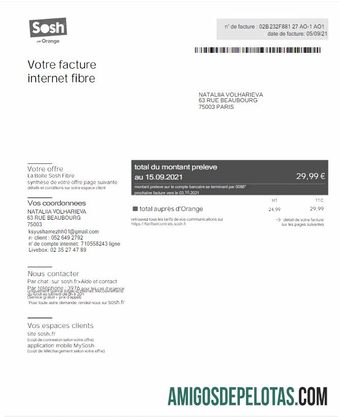 realista Modelo de Word e PDF para conta de serviços públicos Sosh da França